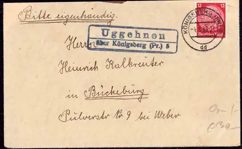 601986 | Ostpreussen, Brief mit Posthilfsstellenstempel, Landpoststempel  | Uggehnen (Königsberg OP), -,