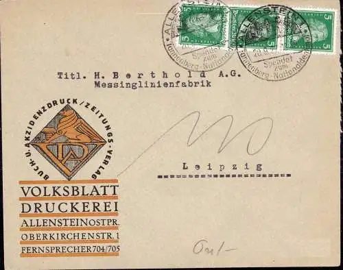 601991 | Ostpreussen, Zeitung, Druckerei, Brief mit dekorativen Firmenlogo des Volksblatt  | Allenstein (Allenstein OP),