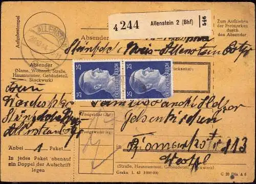 601993 | Ostpreussen, 1944, dekorative Paketkarte  | Allenstein (Allenstein OP), -,