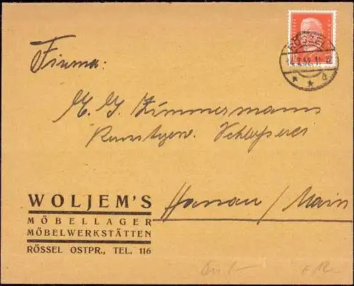 601996 | Ostpreussen, dekorativer Brief mit Absender Woljem `s Möbellager | Rössel (Rössel OP)