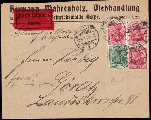 602005 | Ostpreussen, dekorativer Eilbotenbrief der Viehhandlung Mahrenholz | Heinrichswalde (Niederung OP), Tilsit (Til