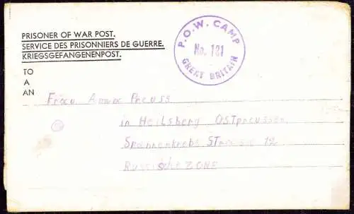 602009 | Kriegsgefangenenpost POW aus dem Lager No 121, Knaresborough, Yorkshire nach Ostpreussen  | Heilsberg (Heilsber