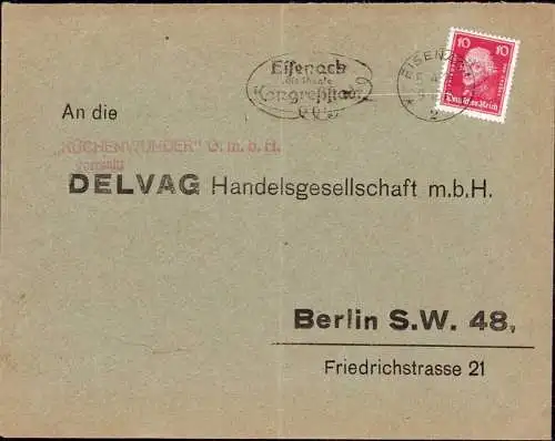 602015 | Firmenlochung Perfin, vorfrankierte Rückantwort der Firma Delvag, Küchenwunder  | Berlin, Eisenach