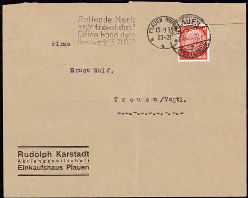 602018 | Brief, der Firma Rudolph Karstadt mit Firmenlochung Perfin  | Plauen (Vogtland) (O - 9900), -,