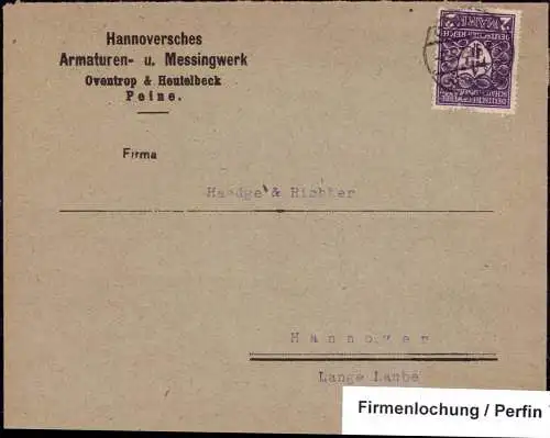 602026 | Inflation, Brief der Firma Oventrop & Heutelbeck mit Firmenlochung Perfin  | Peine (W - 3150), -,