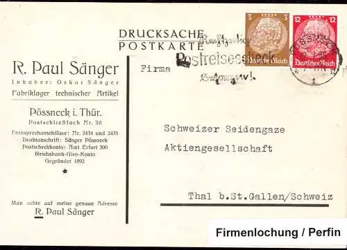 602034 | Postkarte der Firma R. Paul Sänger Technische Fabrikbedarfsartikel, Firmenlochung Perfin, Judaica? | Pößneck (O