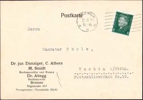 602035 | Postkarte der Rechtsanwälte Danziger, Albers, Smidt, Albegg mit Firmenlochung Perfin, Judaica | Bremen (W 2800)