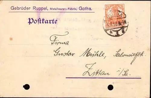 602039 | Postkarte der Firma Gebrüder Ruppel mit Firmenlochung Perfin, Erh 3, gelocht  | Gotha (O - 5800), -,
