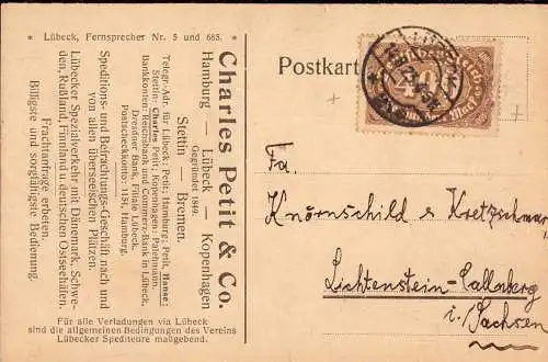 602040 | Postkarte der Spedition Charles Petit mit Firmenlochung Perfin  | Lübeck (W - 2400), -,