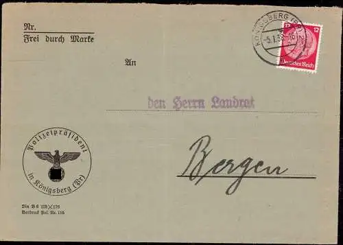 602042 | Dienstbrief Frei mit Marke, mit Pol Lochung, Polizei, Firmenlochung Perfin | Königsberg (Königsberg OP)