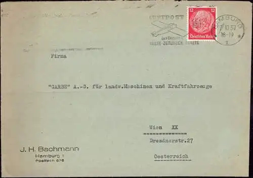 602049 | Brief mit Firmenlochung Perfin der Firma J. H. Bachmann, Judaica?  | Hamburg (W - 2000), -,