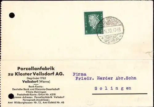 602064 | Postkarte mit Firmenlochung Perfin der Porzellanfabrik zu Kloster  | Veilsdorf (O - 6116), -,