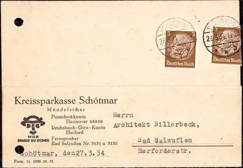 602066 | Postkarte mit Firmenlochung Perfin der Kreixsparkasse, Erh 3, gelocht  | Schötmar (W - 4902), -,