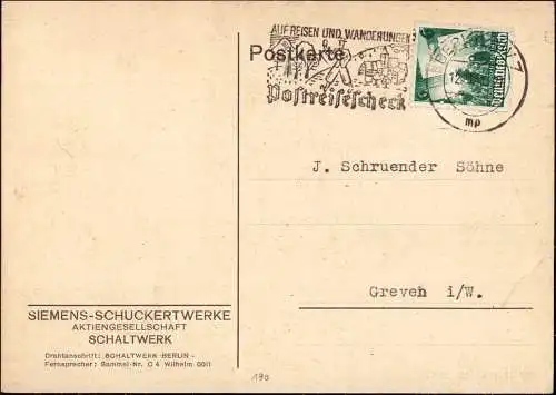 602069 | Postkarte, Sondermarke mit Firmenlochung Perfin des Siemens Schuckertwerke, Schaltwerk  | Berlin (W - 1000), -,