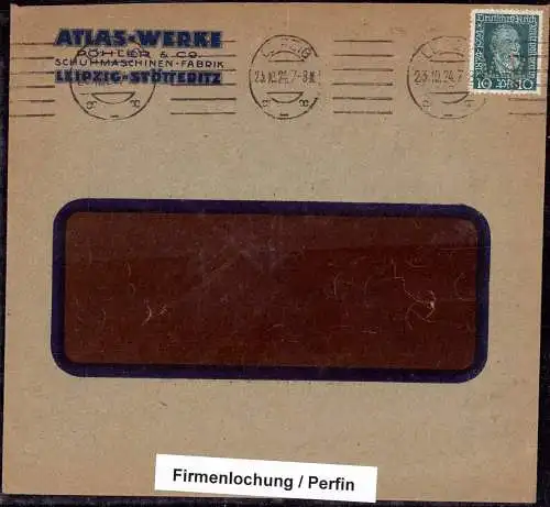 602075 | Brief mit Firmenlochung Perfin der Atlas Werke, Röhler & Co. Schuhmaschinenfabrik  | Stötteritz ; Leipzig (O