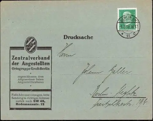 602080 | Brief mit Firmenlochung Perfin des Zentralverband der Angestellten, Hedemannstrasse, Gewerkschaft  | Berlin (W