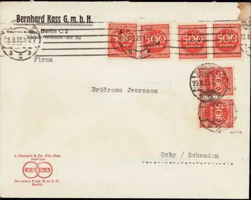 602086 | Auslandsbrief mit Firmenlochung Perfin Firma Bernhard Kass, J. Elsbach & Co nach Schweden  | Berlin, Herford