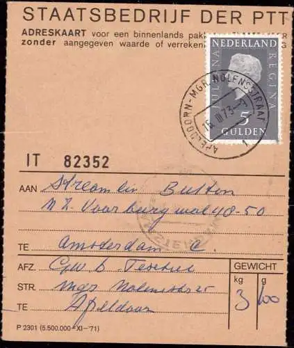 602096 | Niederlande, Paketkarte mit Einzelfrankatur der 5 Gulden Juliana aus  | Apeldoorn (NL - 73xx Niederlande), -,