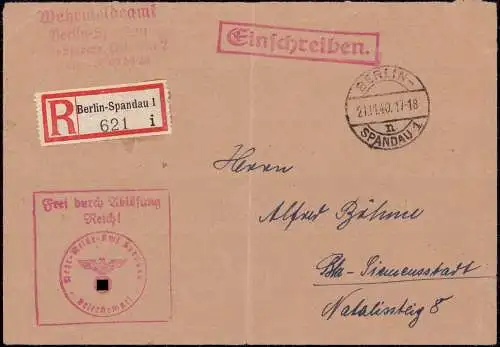 602105 | Dienstbrief, Frei durch Ablösung, per Einschreiben des Wehrmeldeamt  | Spandau ; Spandau; Berlin (W - 1000), -,