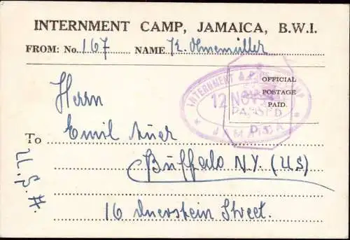 602139 | Jamaica, BWI, British West Indies, Kriegsgefangenenpost POW Zensur, censored, in die USA  |