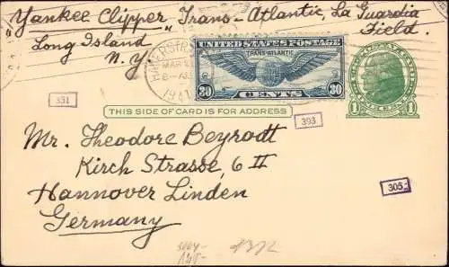 602194 | Ganzsache, Luftpost, "Yankee Clipper" la Gurdia Field, Long Island, New York, Zensur  | -, -,