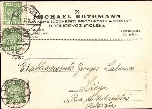 602202 | Polen, Postkarte der Firma Michael Rothmann, Drohobycz, Erdwachs, Ozokerit, Chemie,  | -, -,