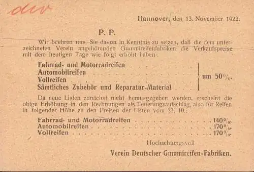 602207 | Preiserhöhung des Verein Deutscher Gummireifen Fabriken, Fahrrad, Motorrad, Auto, Continental | Hannover (W 300