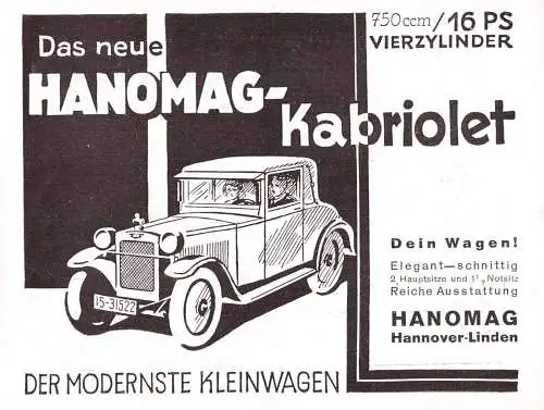 602257 | Auto, Werbung (17x14,5cm)  aus Zeitschrift "Das Magazin" 6/1929, Rückseite bedruckt, Hanomag  |Linden,Hannover