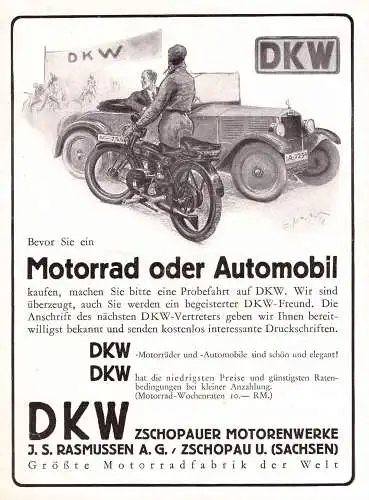 602264 | Motorrad, Auto Werbung (20,5x14cm)  aus der Zeitschrift "UHU" 5 / 1929, Rückseite bedruckt, DKW | Zschopau (O 9