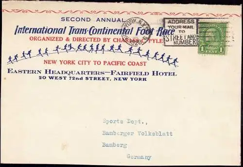 602495 | USA, Front of a Cover, International Trans Continental Foot Race, Charles C. Pyle, Marathon  |