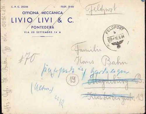 602500 | Feldpostbrief, 1944, aus Pontedera, Toscana, Italien  | -, -,