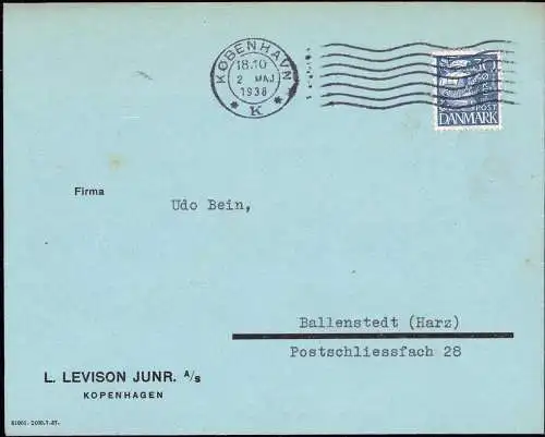 602508 | Judaica, Brief mit Firmenlochung Perfin der Firma L. Levison junior, Kopenhagen  | -, -,