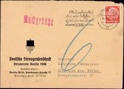 602509 | 1939, Brief, Nachporto, der Deutschen Stenografenschaft mit Logo, Büro, Schrift, Stenografie  | Berlin (W - 100
