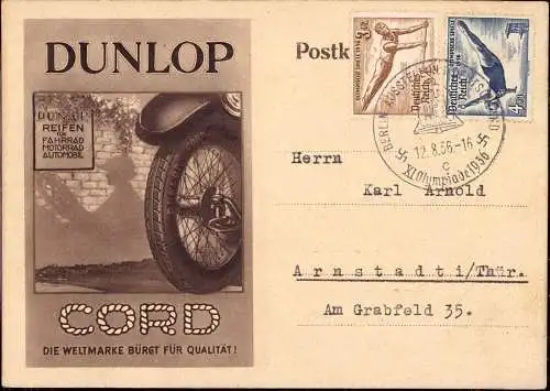 602511 | dekorative Werbekarte der Firma Dunlop für Cord Reifen, Werbung, Gummi, Motorrad  | Hanau (W - 6450), -,