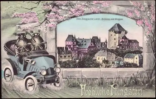 602516 | Ansichtskarte Schloss Burg, vermenschlichte Tiere, Auto, Maikäfer  | Solingen (W - 5650), -,