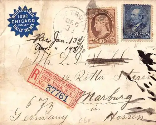 602525 | USA, Brief aus Detroit mit Werbemarke für die Weltausstellung 1892 in Chicago,  | Marburg (W - 3550), -,