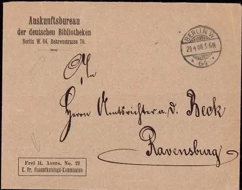 602555 | Dienstbrief des Auskunftbüro der Deutschen Bibliotheken, Gesamtkatalog Kommission, Behrenstr.  | Berlin (W - 10