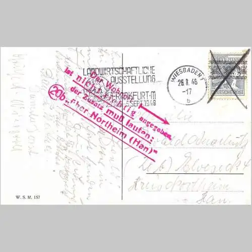 600057 | Postkarte mit dekorativen Hinweisstempel "Der Wohnort ist nicht richtig angegeben" vom Postamt Northeim (Han)