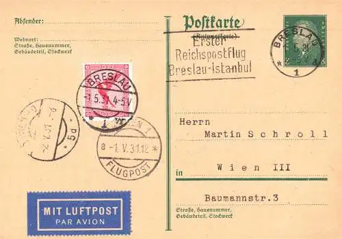 600070 | Erstflug mit dem Maschinen Sonderstempel "Erster Reichspostflug Breslau Istanbul" | Breslau, Istanbul