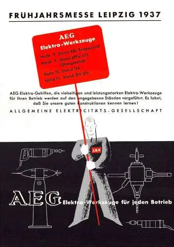 600076 | 1937, Dekorative Werbekarte der AEG für die Ausstellung von Elektrowerkzeugen auf der Leipziger Messe, R.S. Fre