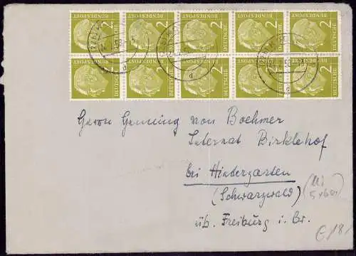 600152 | Portogerechter Brief mit einer Mehrfachfrankatur 10 x 2 Pfg Heuss, 5 Pärchen a Mi. € 60,- | Koblenz (W 5400)