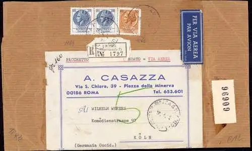 600198 | Päckchenausschnitt, Luftpost, Einschreiben, Pacchetto, Recommandato. Via Aerea seltene Portostufe  |