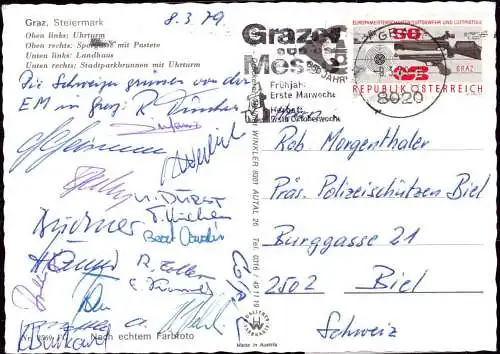 600220 | Grußkarte der Schweizer Schützen mit vielen Unterschriften, tireurs d'élite, tiratori, marksmen  | Biel