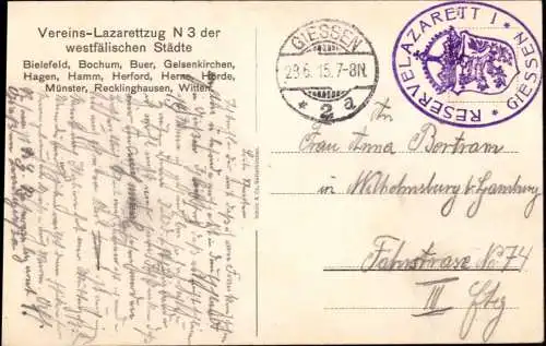 600254 | Ansicht des Küchenwagens des Vereins Lazaretzug der westfälischen Städte N3  | Gießen (W - 6300), -,