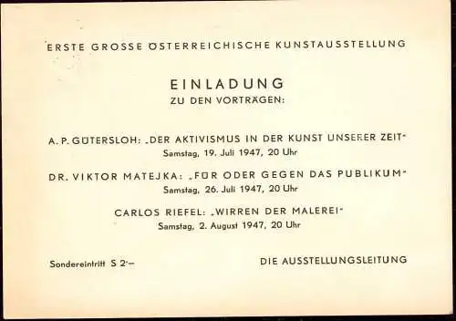 600289 | Einladung zu den Vorträgen der Ersten Grossen Österreichischen Kunstausstellung 1947  | Wien Österreich