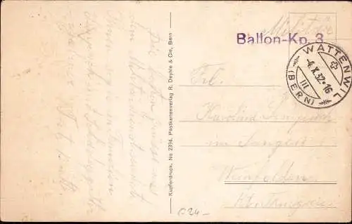 600329 | Schweizer Feldpost, Militärpost der 3. Ballon Kompanie | Wattenwil (CH 3135 Schweiz)