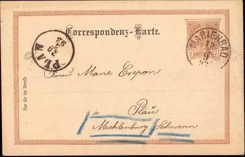 600408 | Karte aus Marienbad, irrtümlich nach Plan Sudeten und weiter nach Plau, Mecklenburg  | Plan, Kreis Tachau