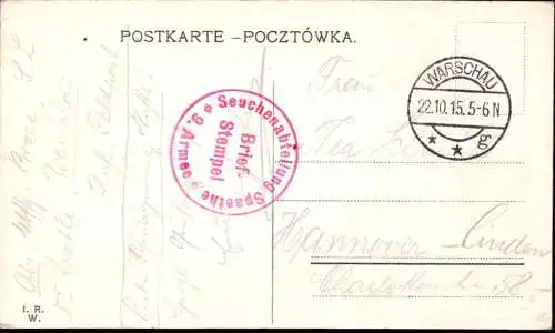 600428 | Besetzung 1. WK. Polen, Feldpostkarte Seuchenabteilung Späthe, 9. Armee, aus Warschau, Medizin  |