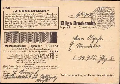 600436 | Feldpost, Fernschach eine ungewöhnliche Werbekarte für ein Taschenschachspiel, gelaufen  | Oelsnitz /  Vogtland