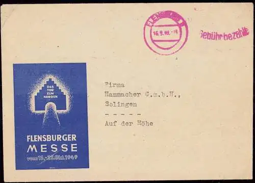 600469 | Werbeumschlag für die Flensburger Messe 1949 mit seltenen Gebühr Bezahlt Maschinenstempel | Flensburg (W 2390)